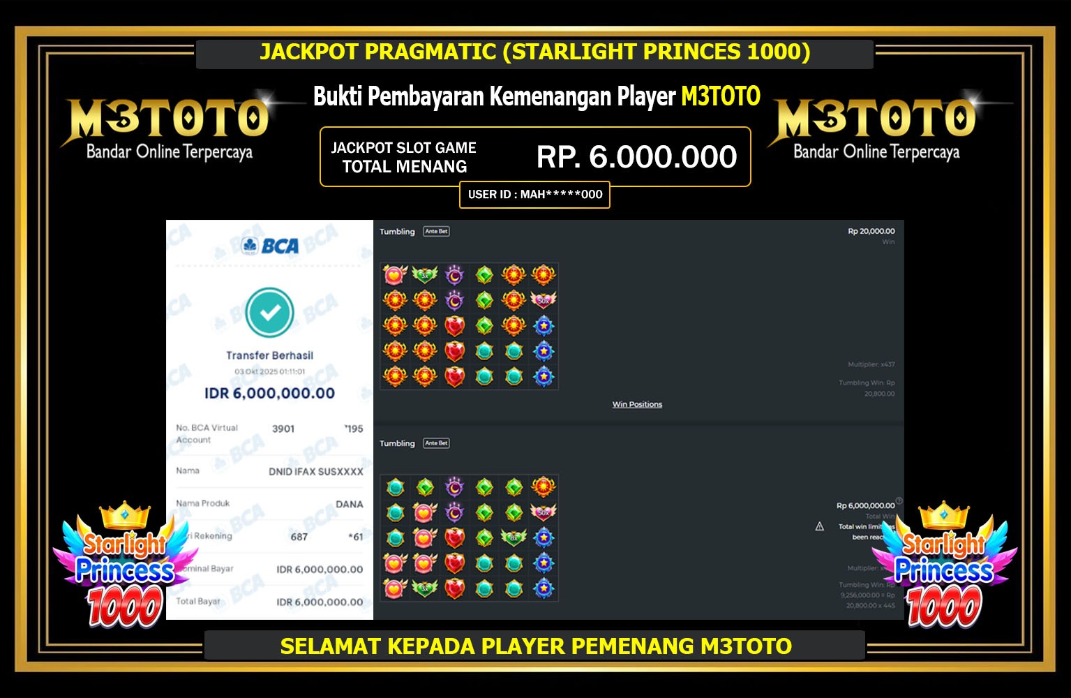 M3TOTO JACKPOT PRAGMATIC (STARLIGHT PRINCESS 1000) Rp.6.000.000,- LUNAS