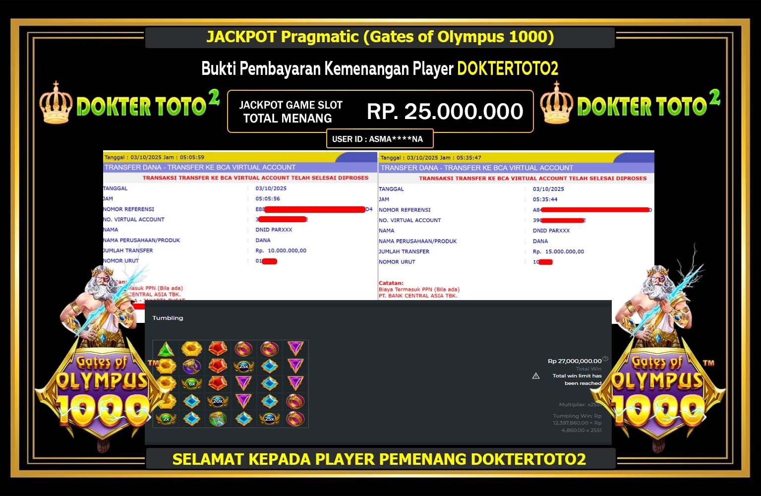 DOKTERTOTO2 JACKPOT PRAGMATIC (GATES OF OLYMPUS 1000) Rp.25.000.000,- LUNAS
