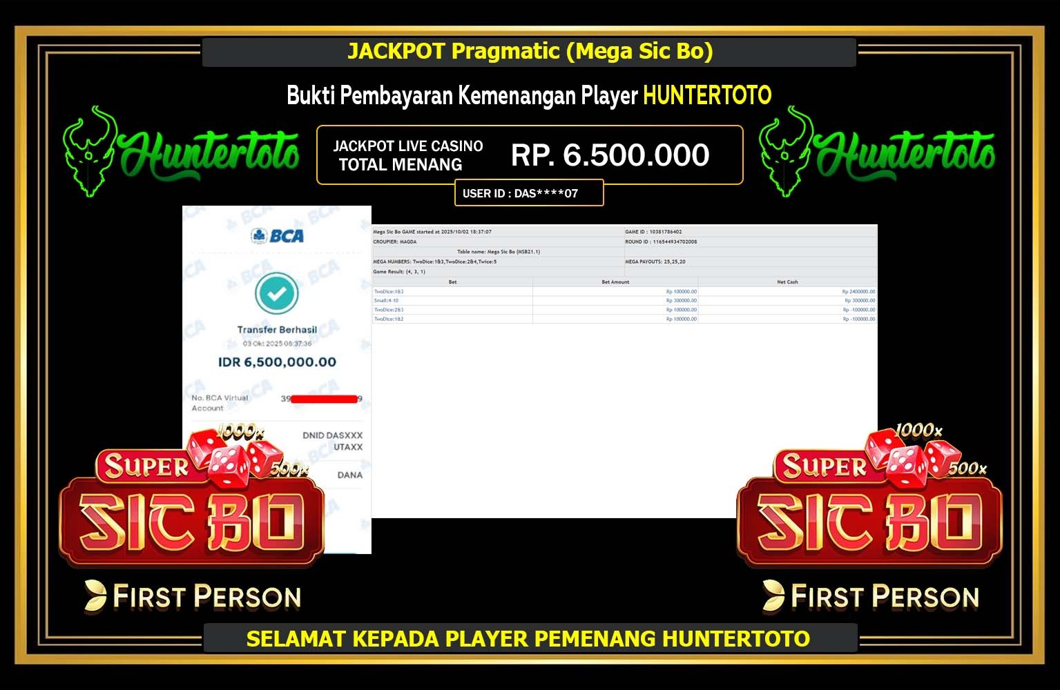 HUNTERTOTO JACKPOT PRAGMATIC (MAGA SIC BO) Rp.6.500.000,- LUNAS