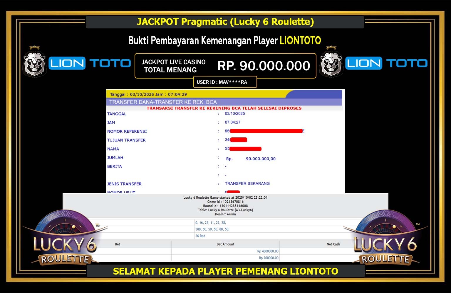 LIONTOTO JACKPOT PRAGMATIC (LUCKY 6 ROULETTE) Rp.90.000.000,- LUNAS