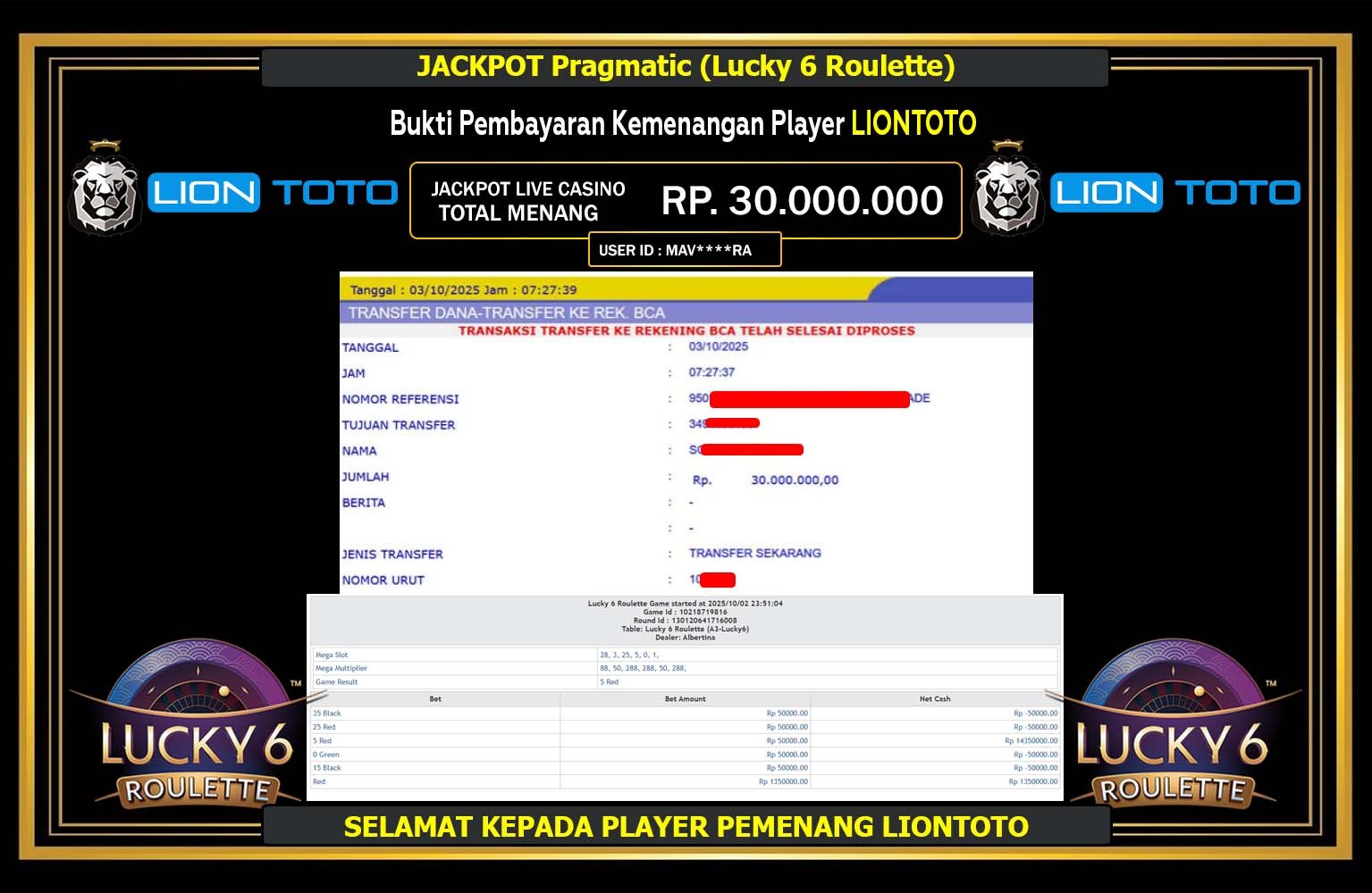 LIONTOTO JACKPOT PRAGMATIC (LUCKY 6 ROULETTE) Rp.30.000.000,- LUNAS