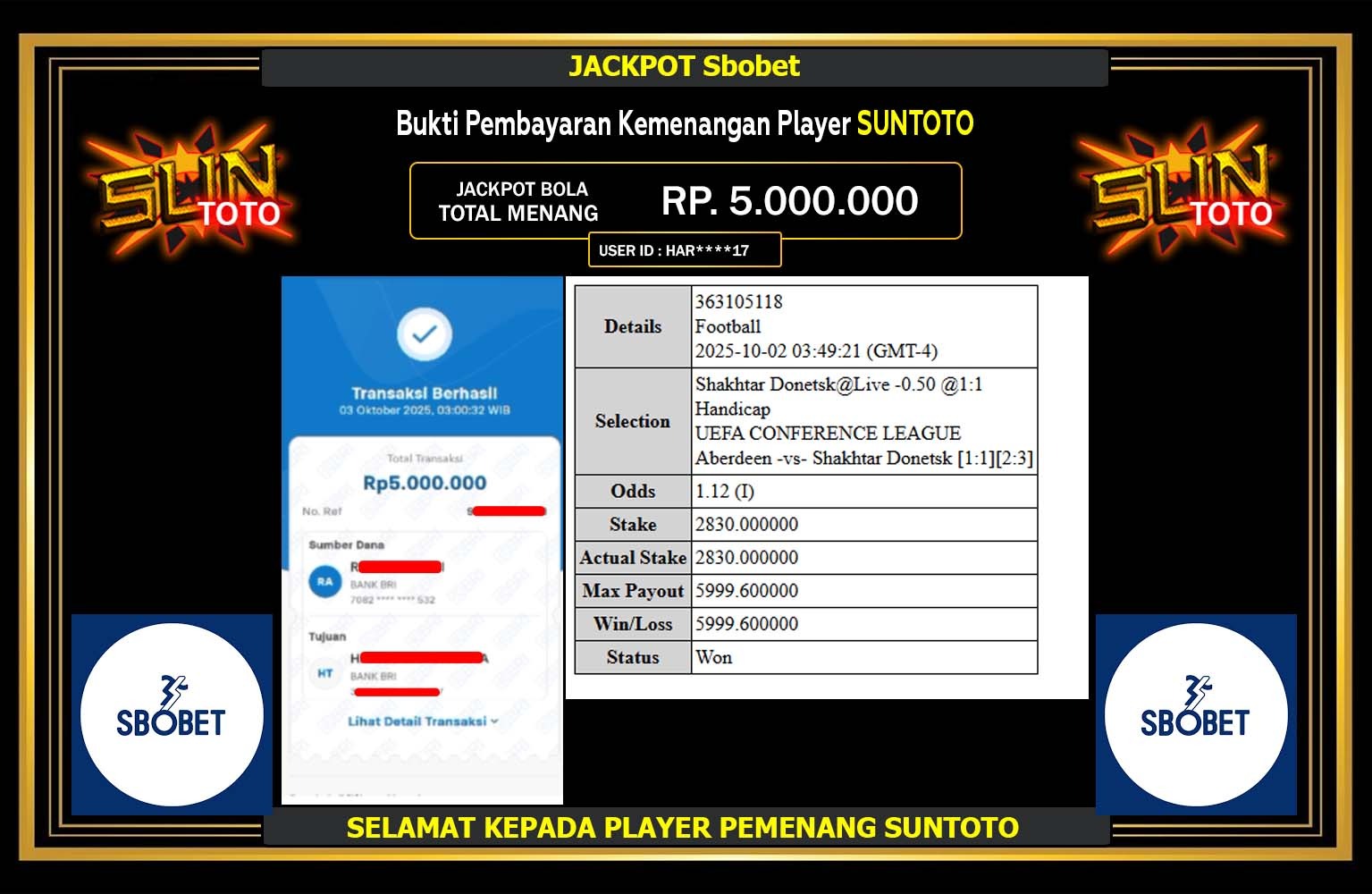 SUNTOTO JACKPOT SPORTSBOOK (SBO BET) Rp.5.000.000,- LUNAS