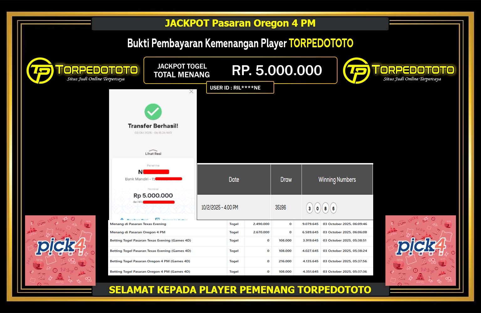 TORPEDOTOTO JACKPOT PASARAN (OREGON 4 PM) Rp.5.000.000,- LUNAS