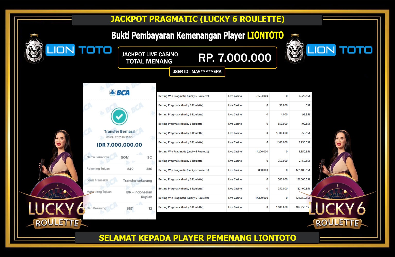LIONTOTO JACKPOT PRAGMATIC (LUCKY 6 ROULETTE) Rp.7.000.000,- LUNAS
