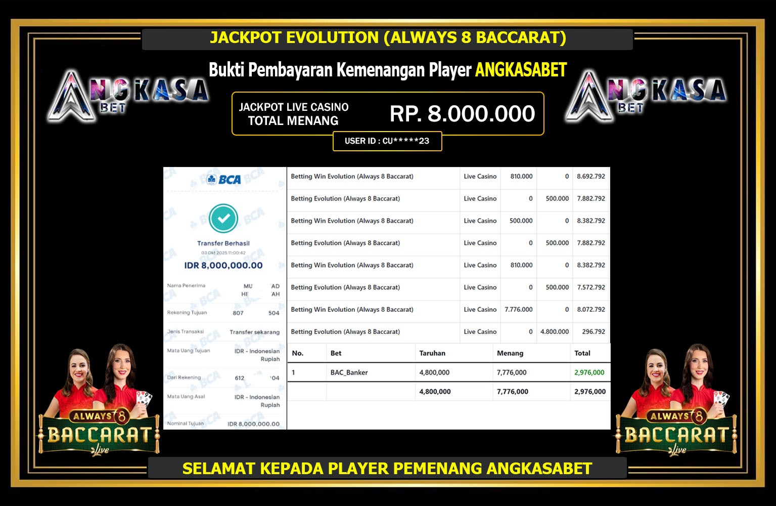 ANGKASABET JACKPOT EVOLUTION (ALWAYS 8 BACCARAT) Rp.8.000.000,- LUNAS