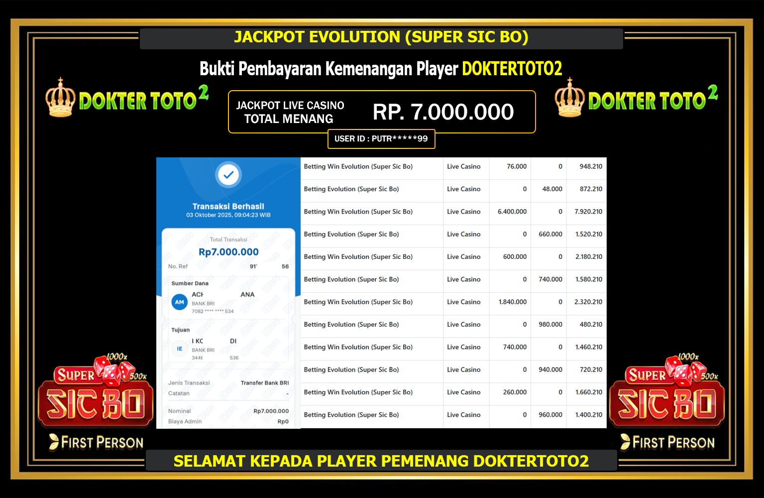 DOKTERTOTO2 JACKPOT EVOLUTION (SUPER SIC BO) Rp.7.000.000,- LUNAS