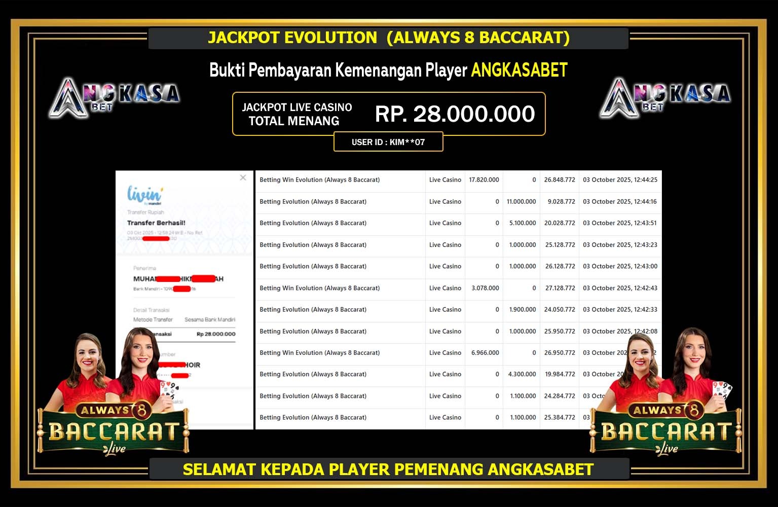 ANGKASABET JACKPOT EVOLUTION (ALWAYS 8 BACCARAT) Rp.28.000.000,- LUNAS