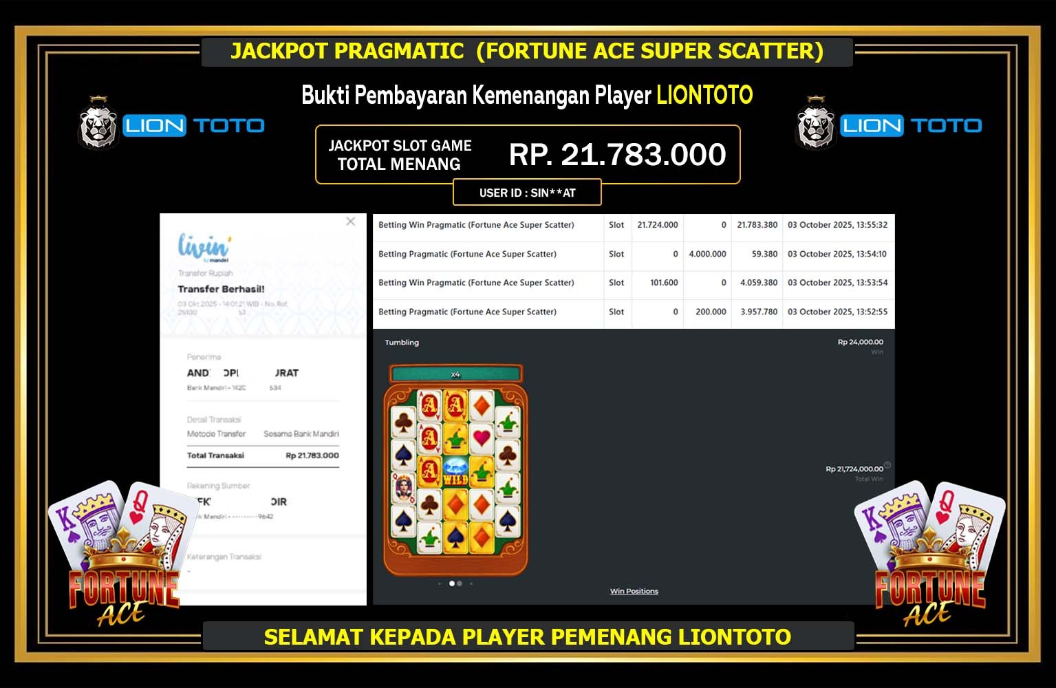 LIONTOTO JACKPOT PRAGMATIC (FORTUNE ACE SUPER SCATTER) Rp.21.783.000,- LUNAS