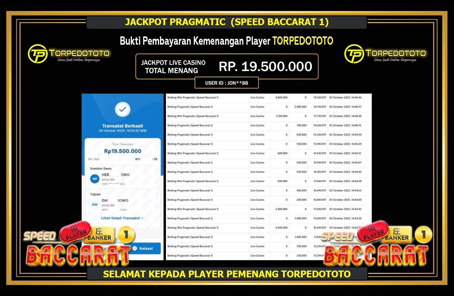 TORPEDOTOTO JACKPOT PRAGMATIC (SPEED BACCARAT 1) Rp.19.500.000,- LUNAS