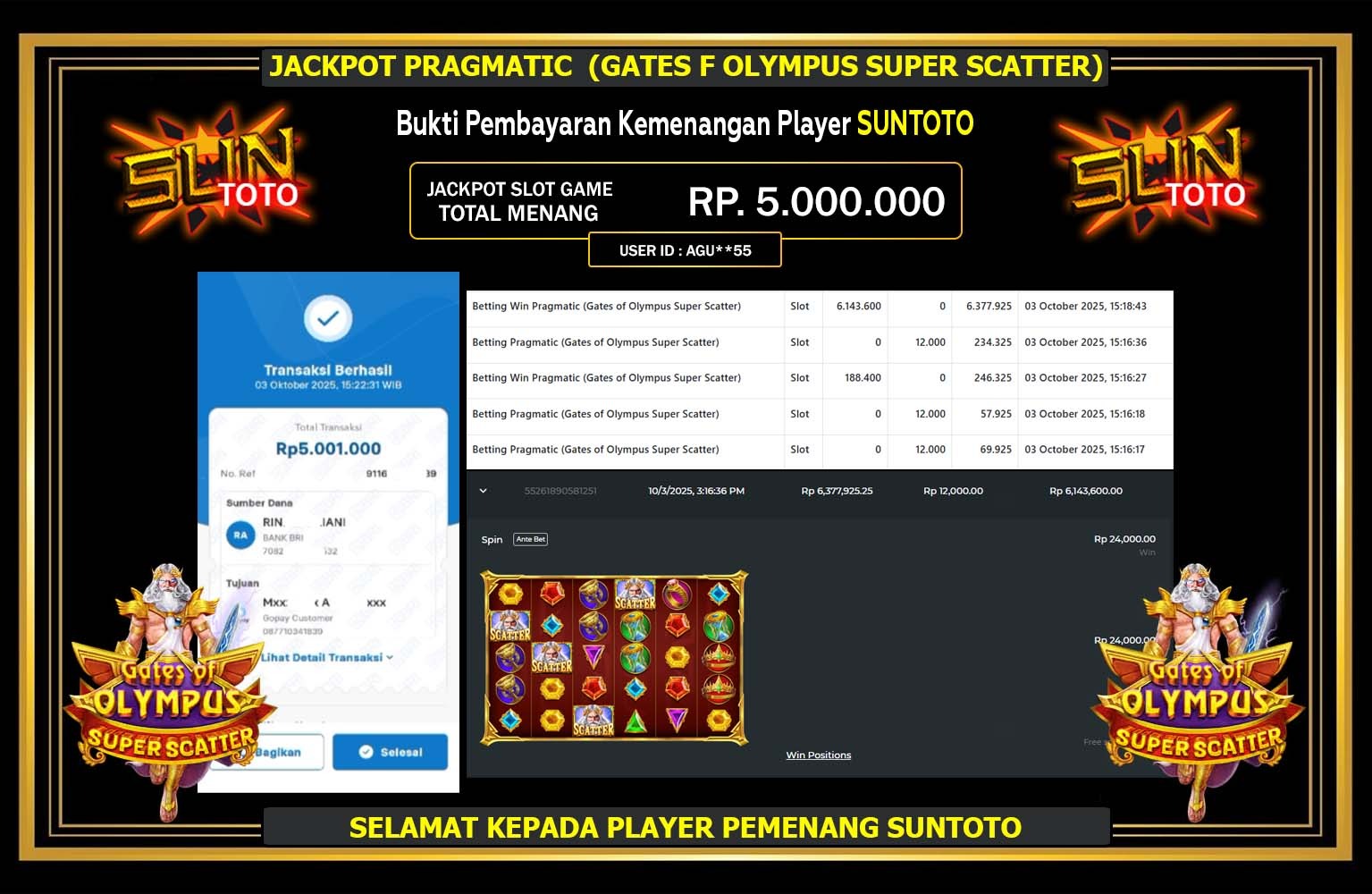 SUNTOTO JACKPOT PRAGMATIC (GATES OF OLYMPUS SUPER SCATTER) Rp.5.000.000,- LUNAS