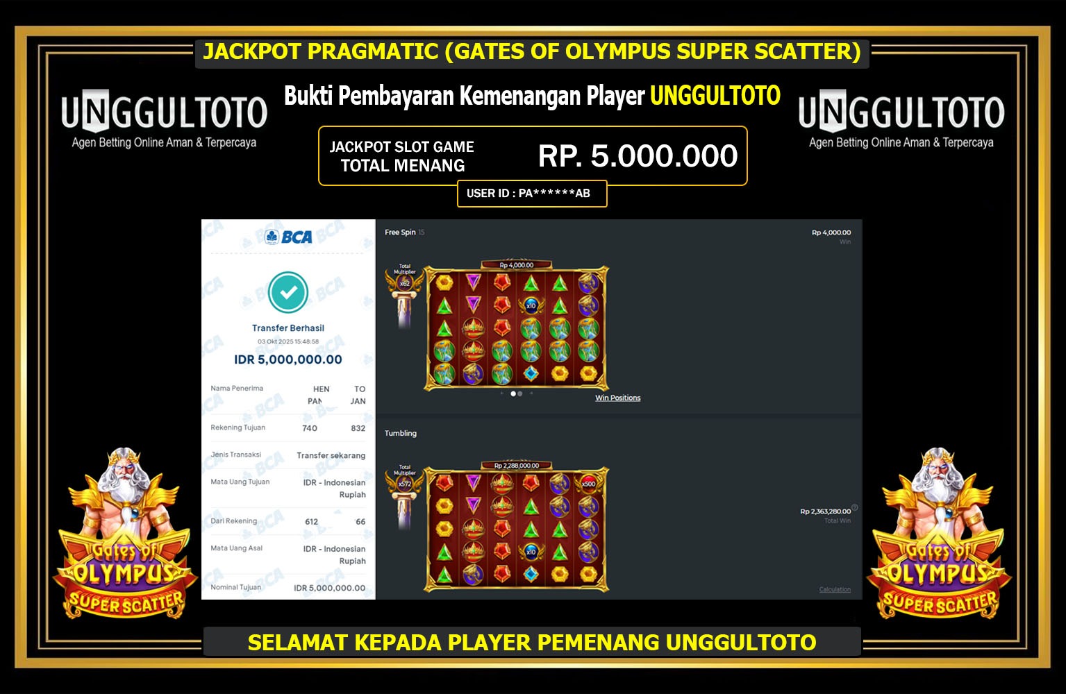 UNGGULTOTO JACKPOT PRAGMATIC (GATES OF OLYMPUS SUPER SCATTER) Rp.5.000.000,- LUNAS