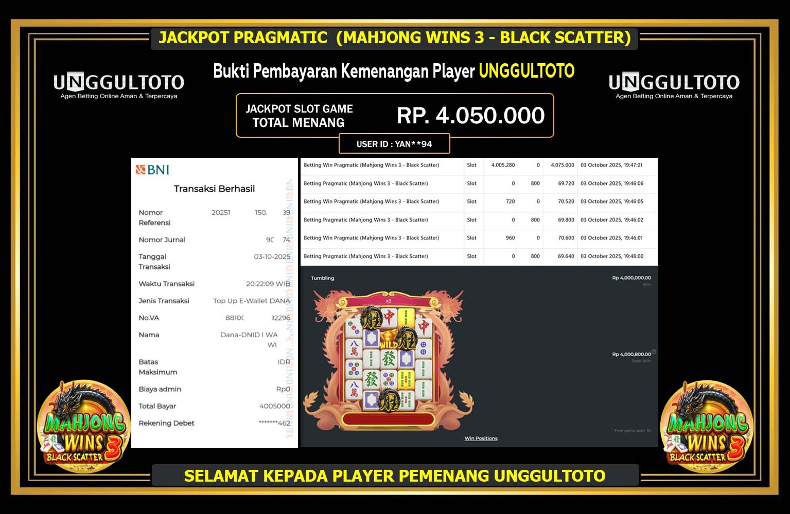 UNGGULTOTO JACKPOT PRAGMATIC (Mahjong Wins 3 - Black Scatter) Rp.4.050.000,- LUNAS