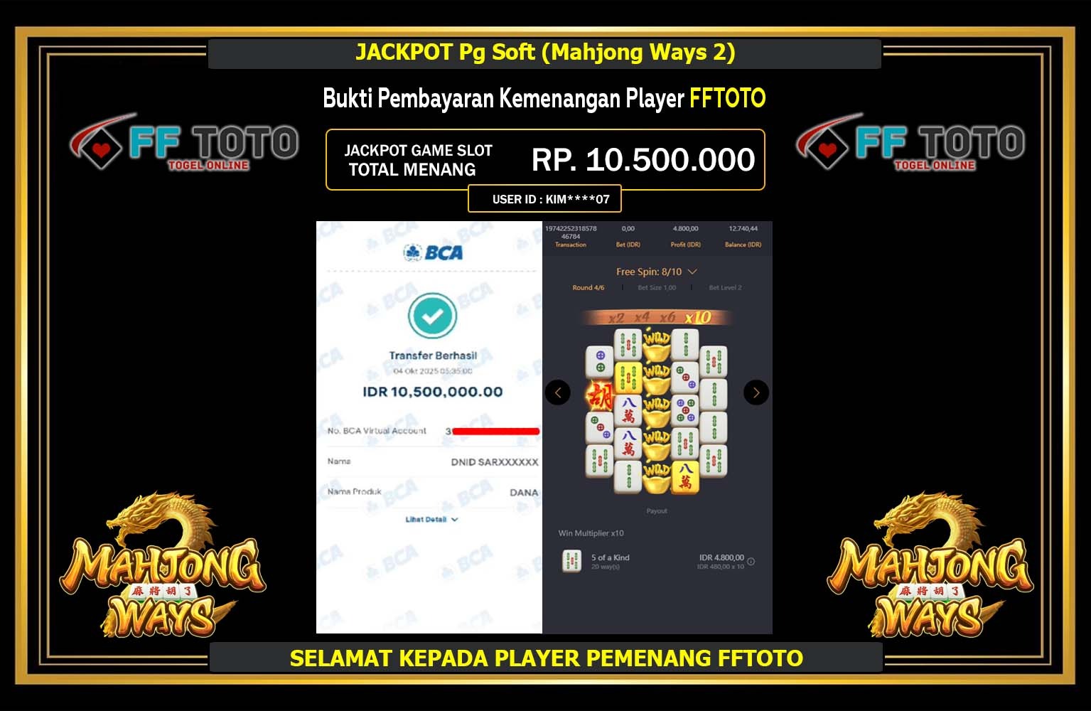FFTOTO JACKPOT PG SOFT (MAHJONG WAYS 2) Rp.10.500.000,- LUNAS