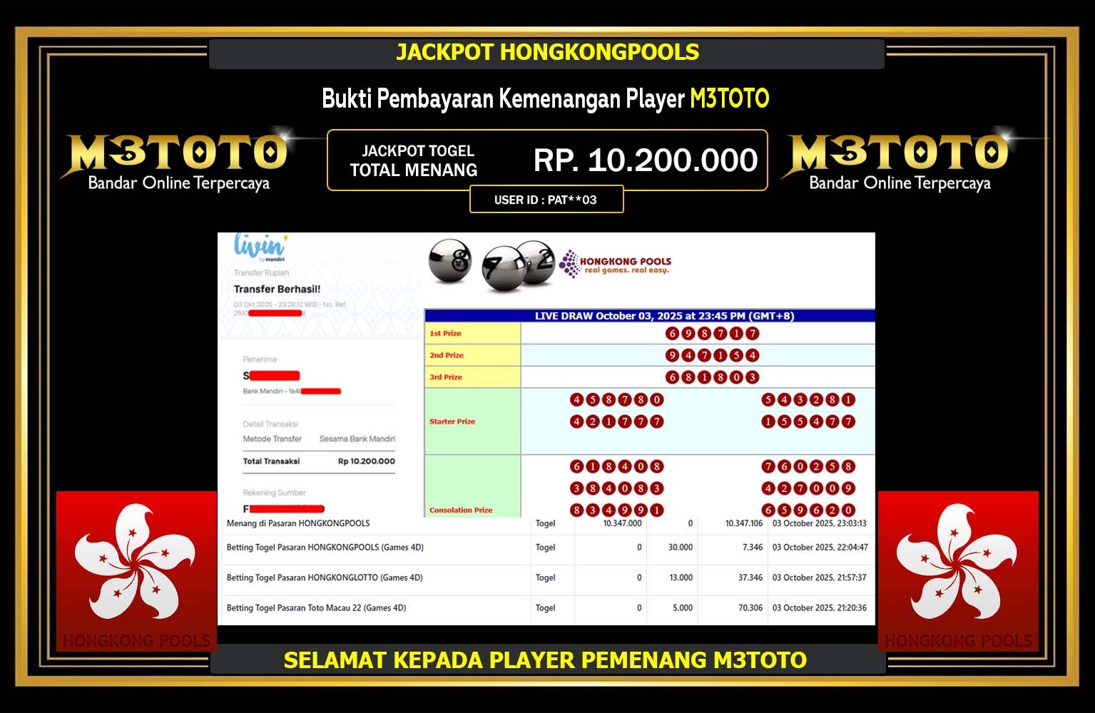 M3TOTO JACKPOT PASARAN HONGKONGPOOLS Rp.10.200.000,- LUNAS