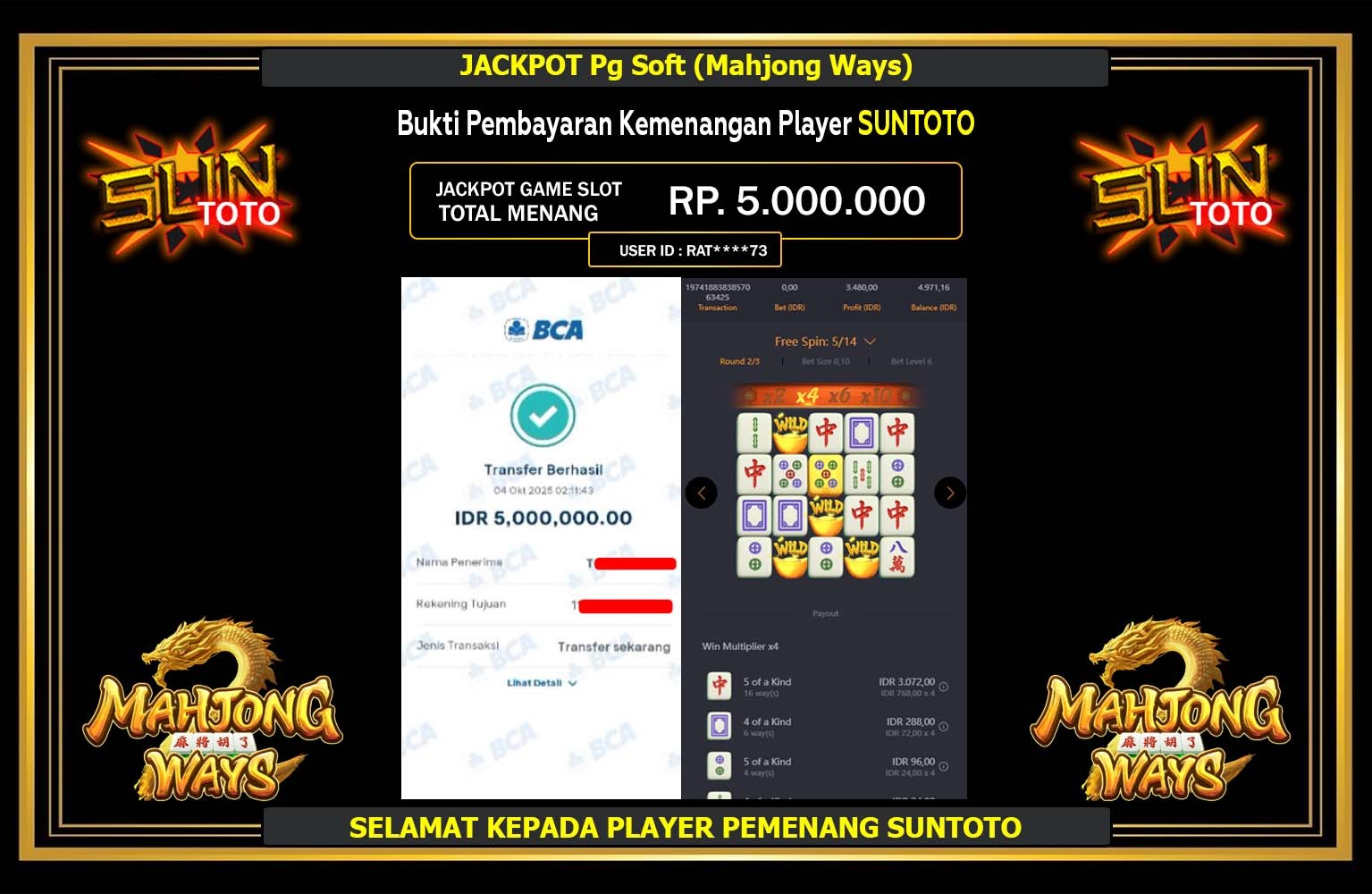 SUNTOTO JACKPOT PG SOFT (MAHJONG WAYS) Rp.5.000.000,- LUNAS