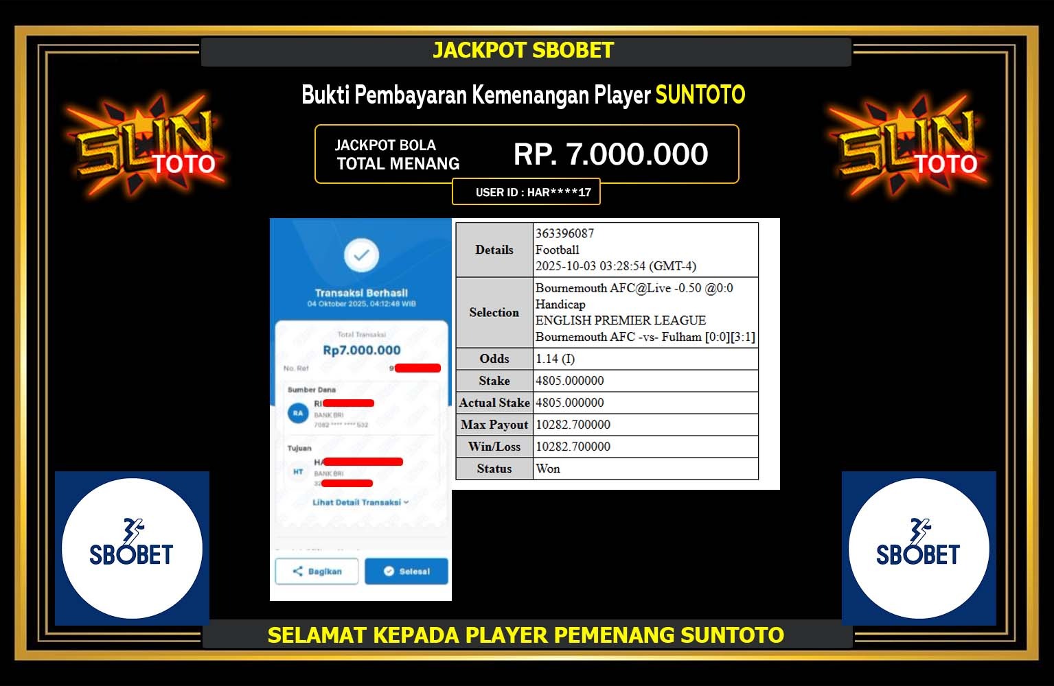 SUNTOTO JACKPOT SBOBET Rp.7.000.000,- LUNAS