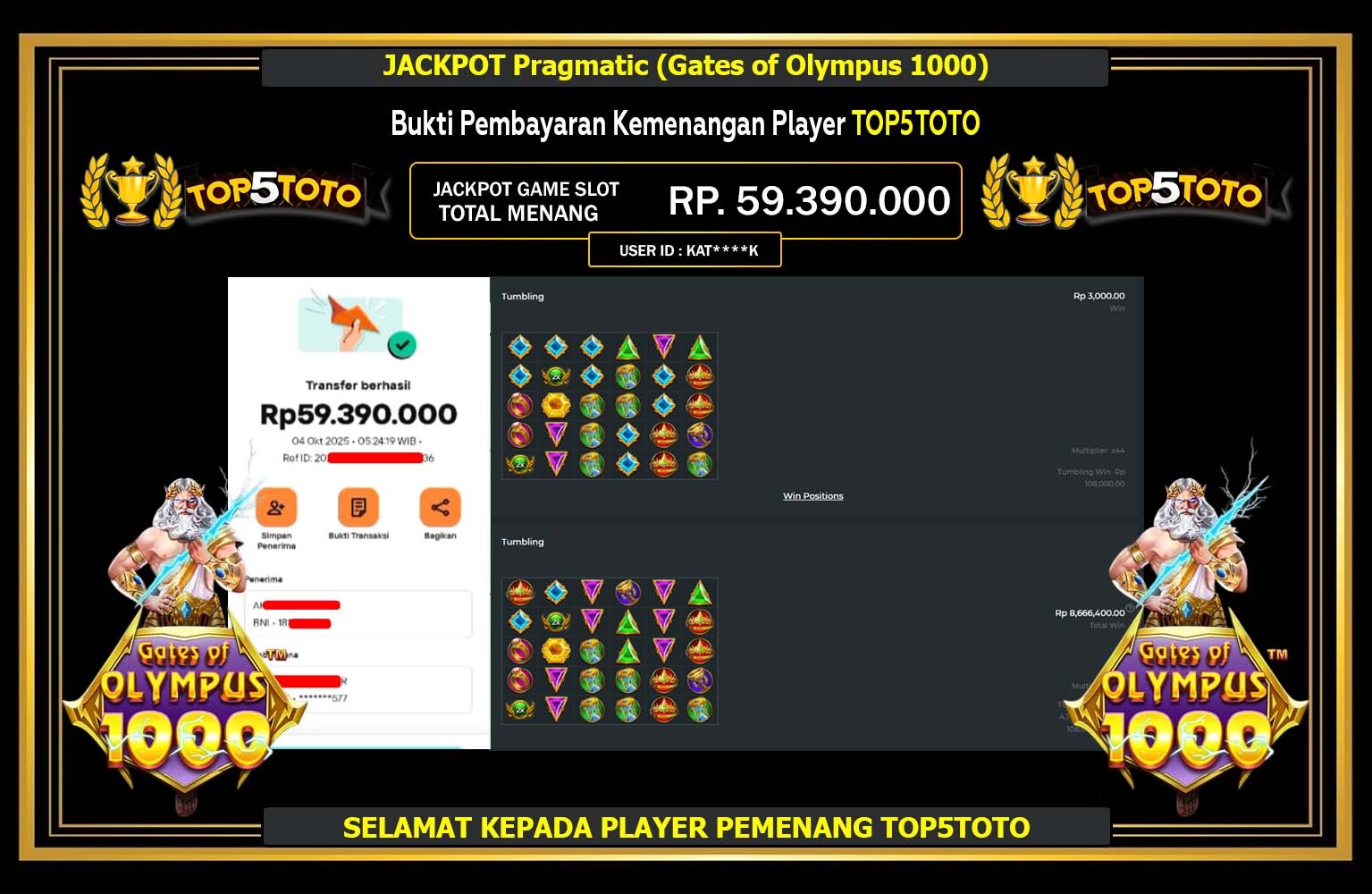 TOP5TOTO JACKPOT Pragmatic (Gates of Olympus 1000) Rp.59.390.000,- LUNAS