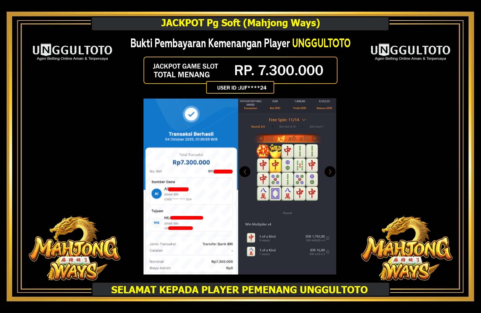 UNGGULTOTO JACKPOT PG SOFT (MAHJONG WAYS) Rp.7.300.000,- LUNAS