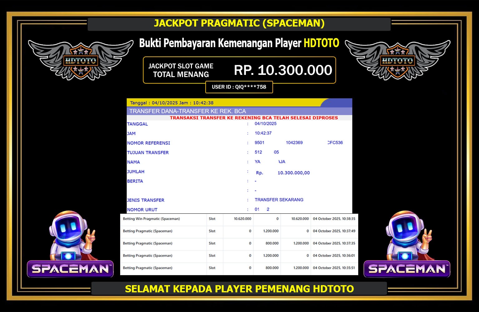 HDTOTO JACKPOT PRAGMATIC (SPACEMAN) Rp.10.300.000,- LUNAS
