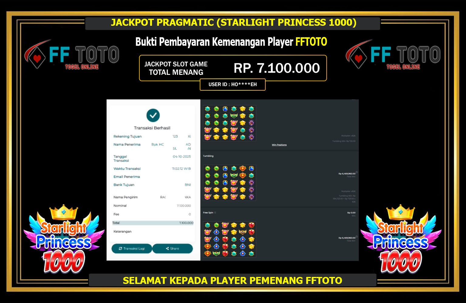 FFTOTO JACKPOT PRAGMATIC (STARLIGHT PRINCESS 1000) Rp.7.100.000,- LUNAS