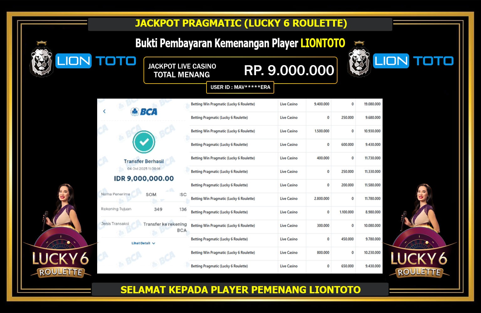 LIONTOTO JACKPOT PRAGMATIC (LUCKY 6 ROULETTE) Rp.9.000.000,- LUNAS