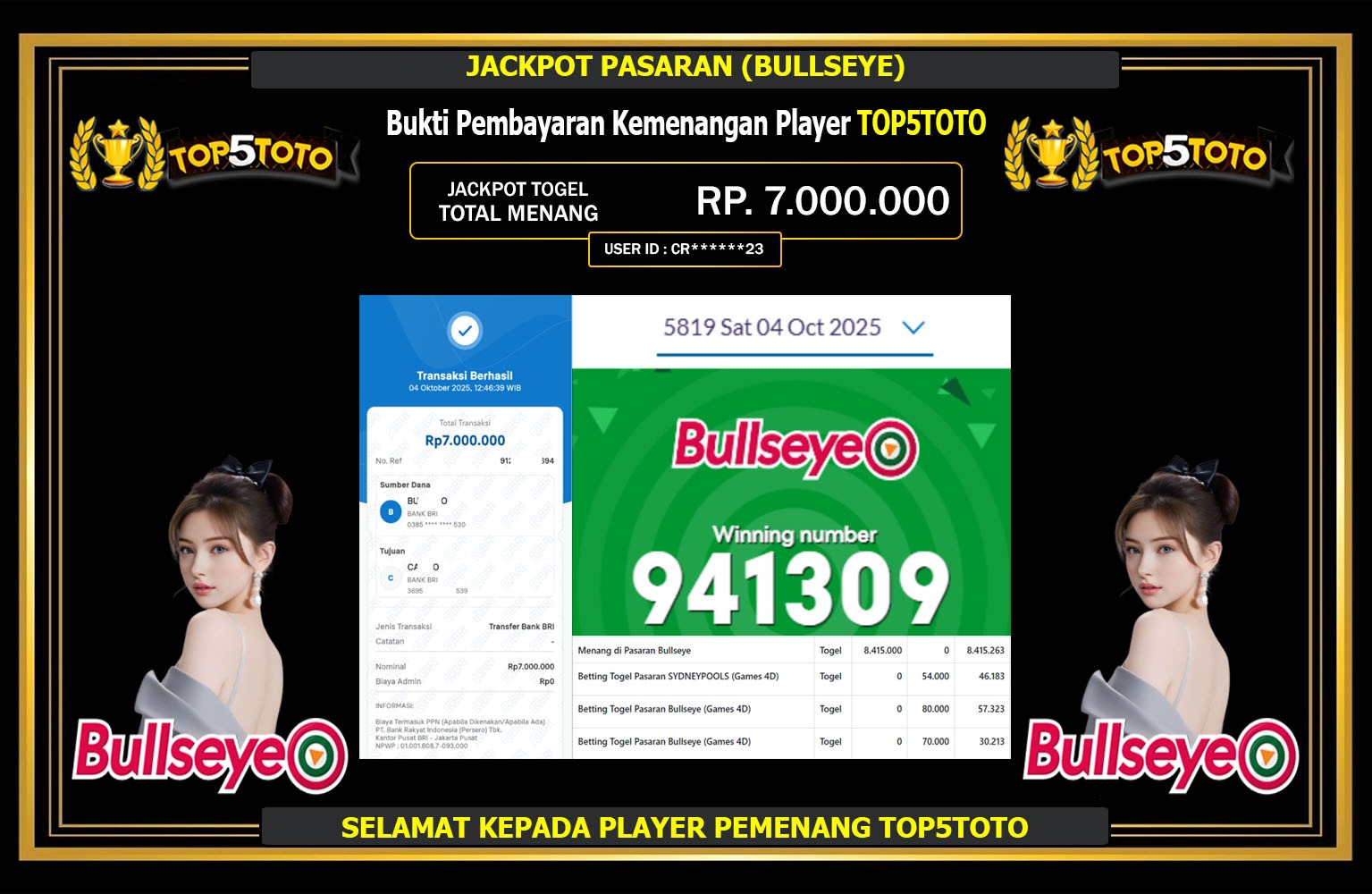 TOP5TOTO JACKPOT PASARAN (BULLSEYE) Rp.7.000.000,- LUNAS