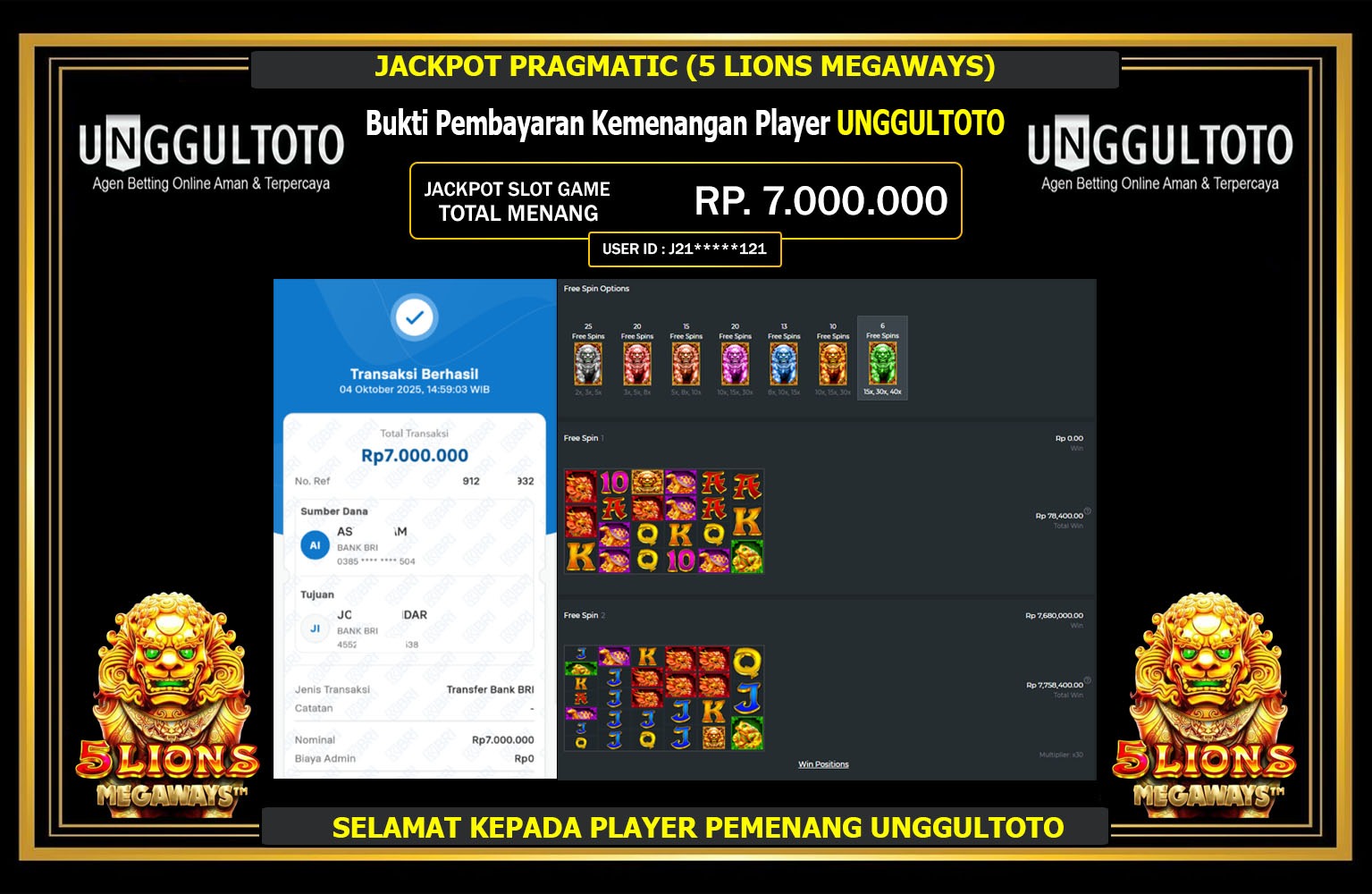 UNGGULTOTO JACKPOT PRAGMATIC (5 LIONS MEGAWAYS) Rp.7.000.000,- LUNAS