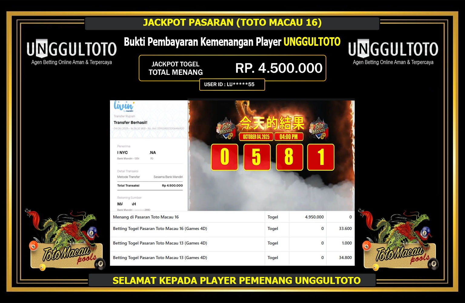 UNGGULTOTO JACKPOT PASARAN (TOTO MACAU 16) Rp.4.500.000,- LUNAS
