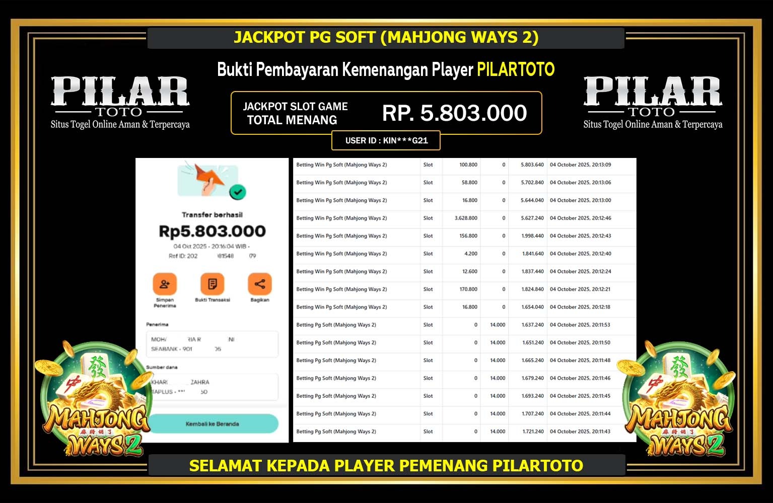 PILARTOTO JACKPOT PG SOFT (MAHJONG WAYS 2) Rp.5.803.000,- LUNAS