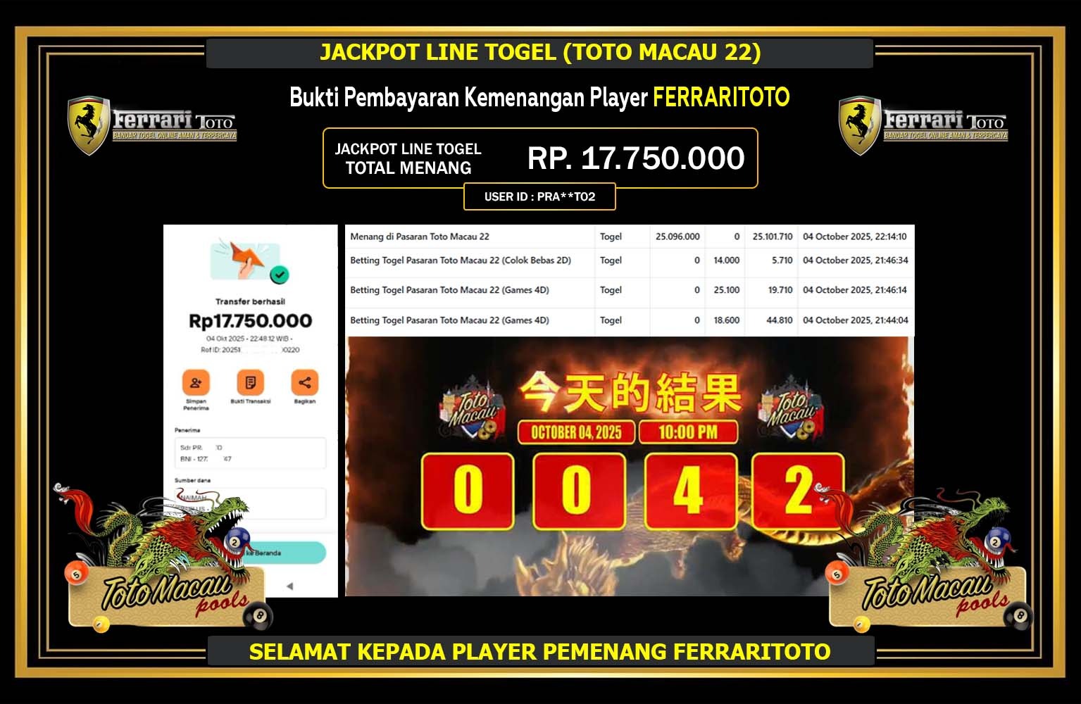 FERRARITOTO JACKPOT LINE TOGEL (PASARAN TOTO MACAU 22) Rp.17.750.000,- LUNAS