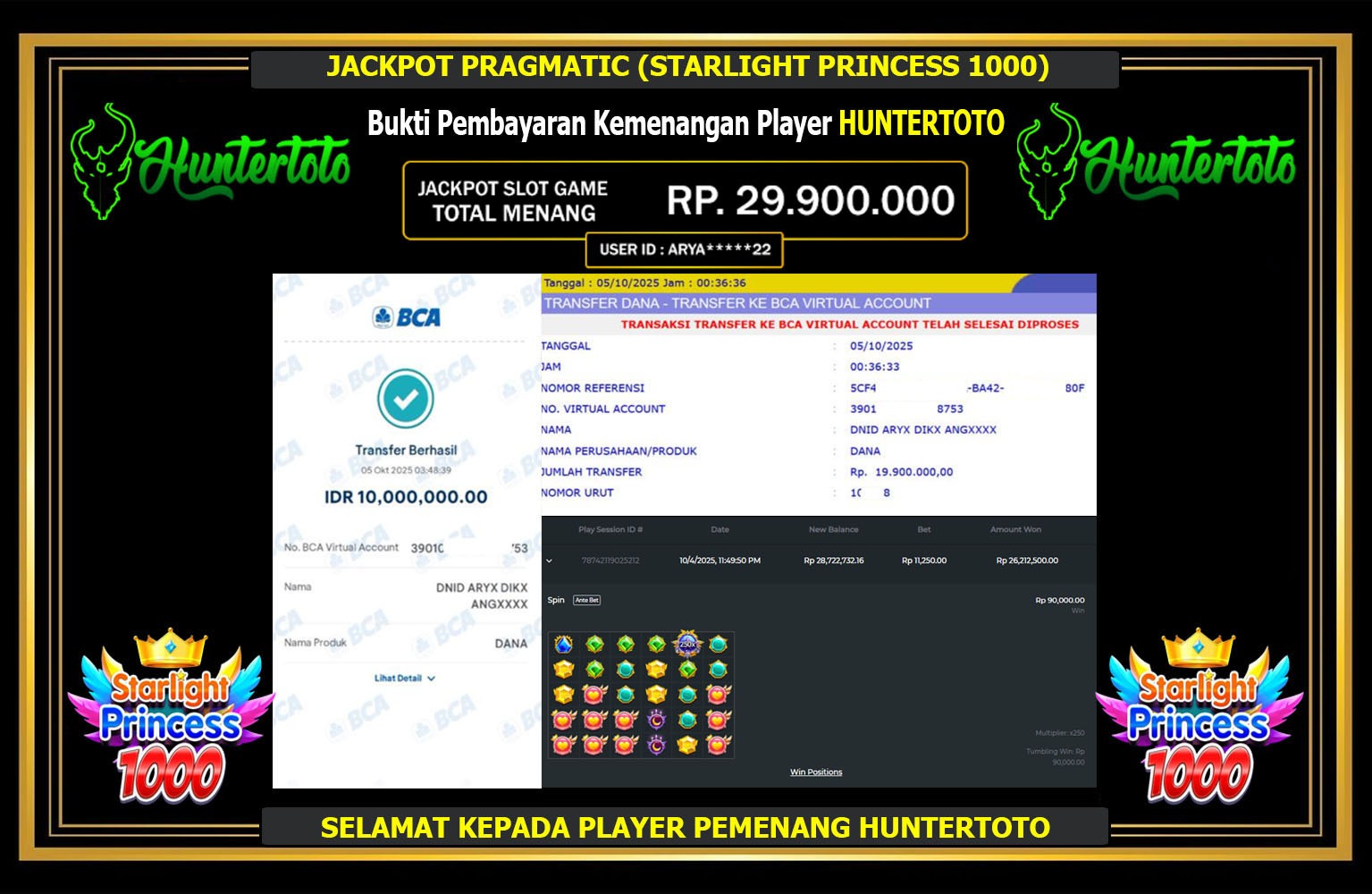HUNTERTOTO JACKPOT PRAGMATIC (STARLIGHT PRINCESS 1000) Rp.29.900.000,- LUNAS