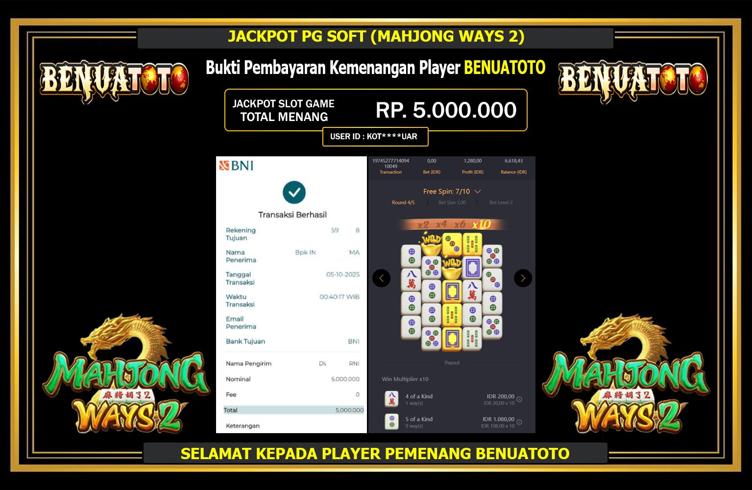 BENUATOTO JACKPOT PG SOFT (MAHJONG WAYS 2) Rp.5.000.000,- LUNAS