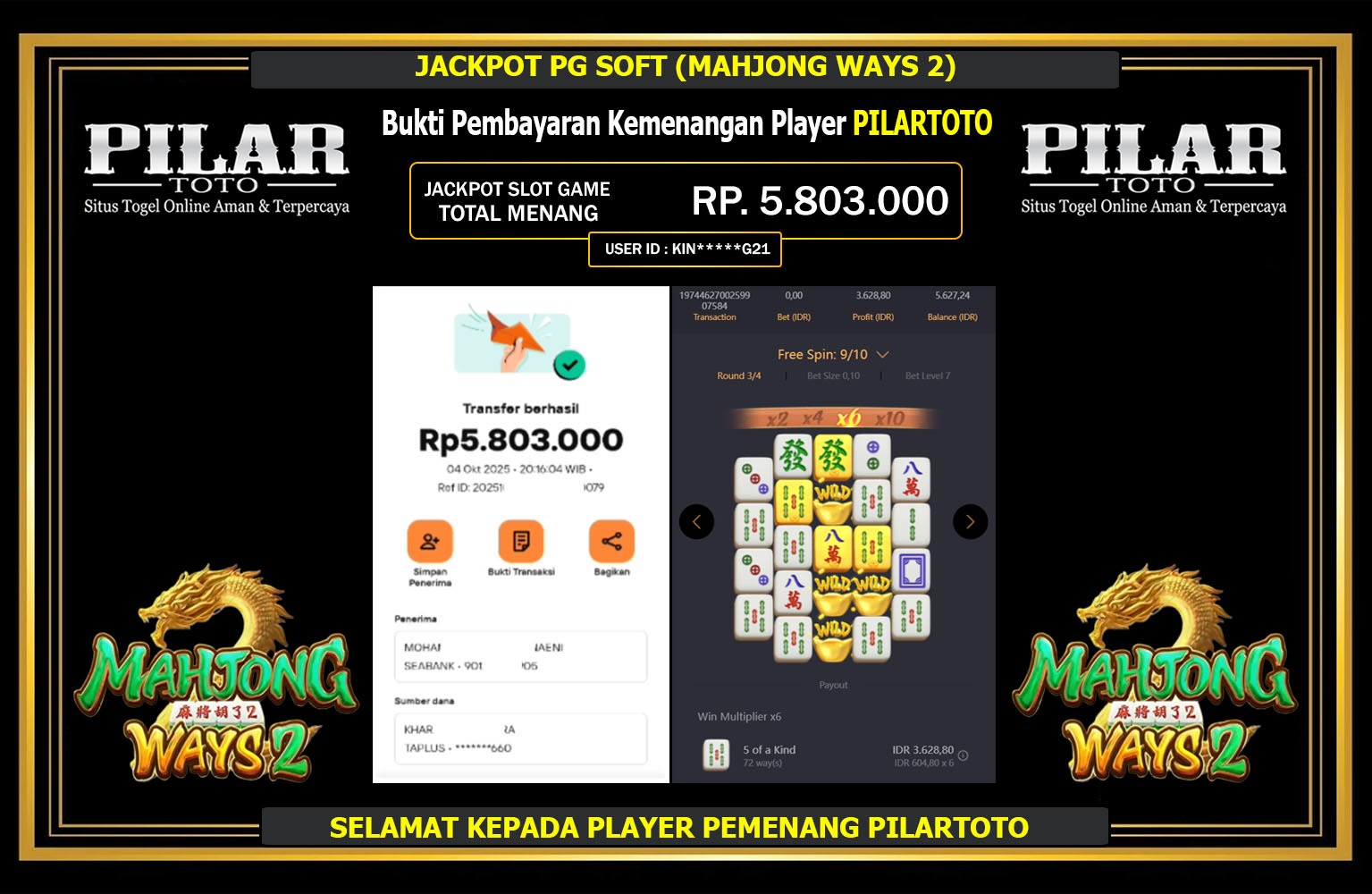 PILARTOTO JACKPOT PG SOFT (MAHJONG WAYS 2) Rp.5.803.000,- LUNAS