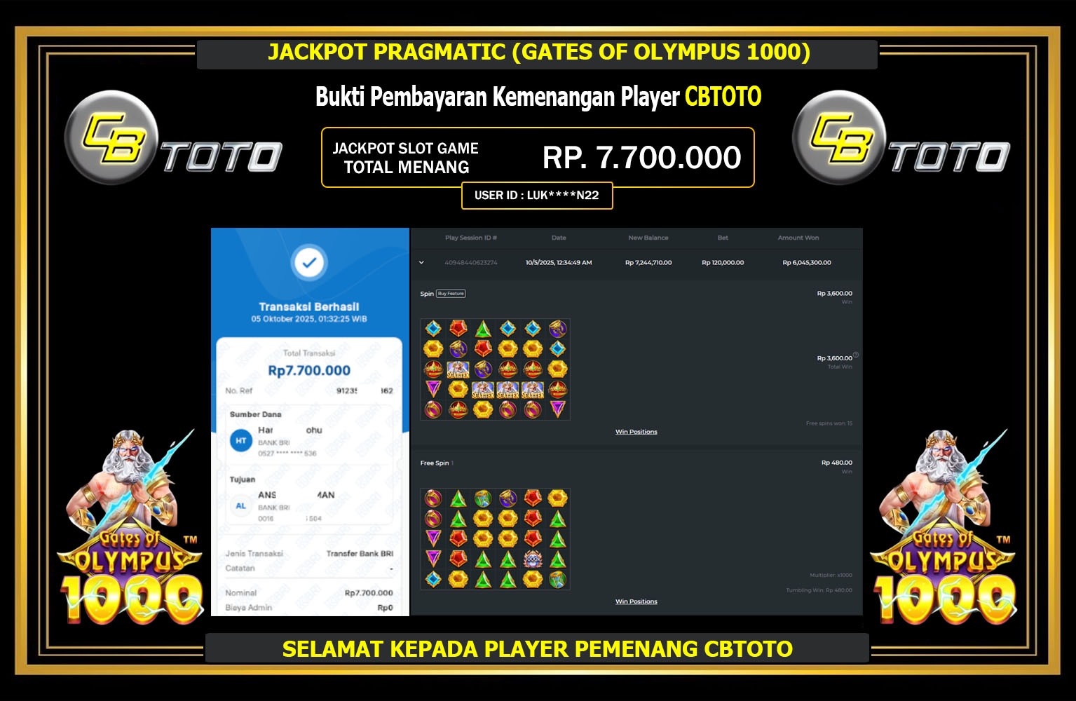 CBTOTO JACKPOT PRAGMATIC (GATES OF OLYMPUS 1000) Rp.7.700.000,- LUNAS