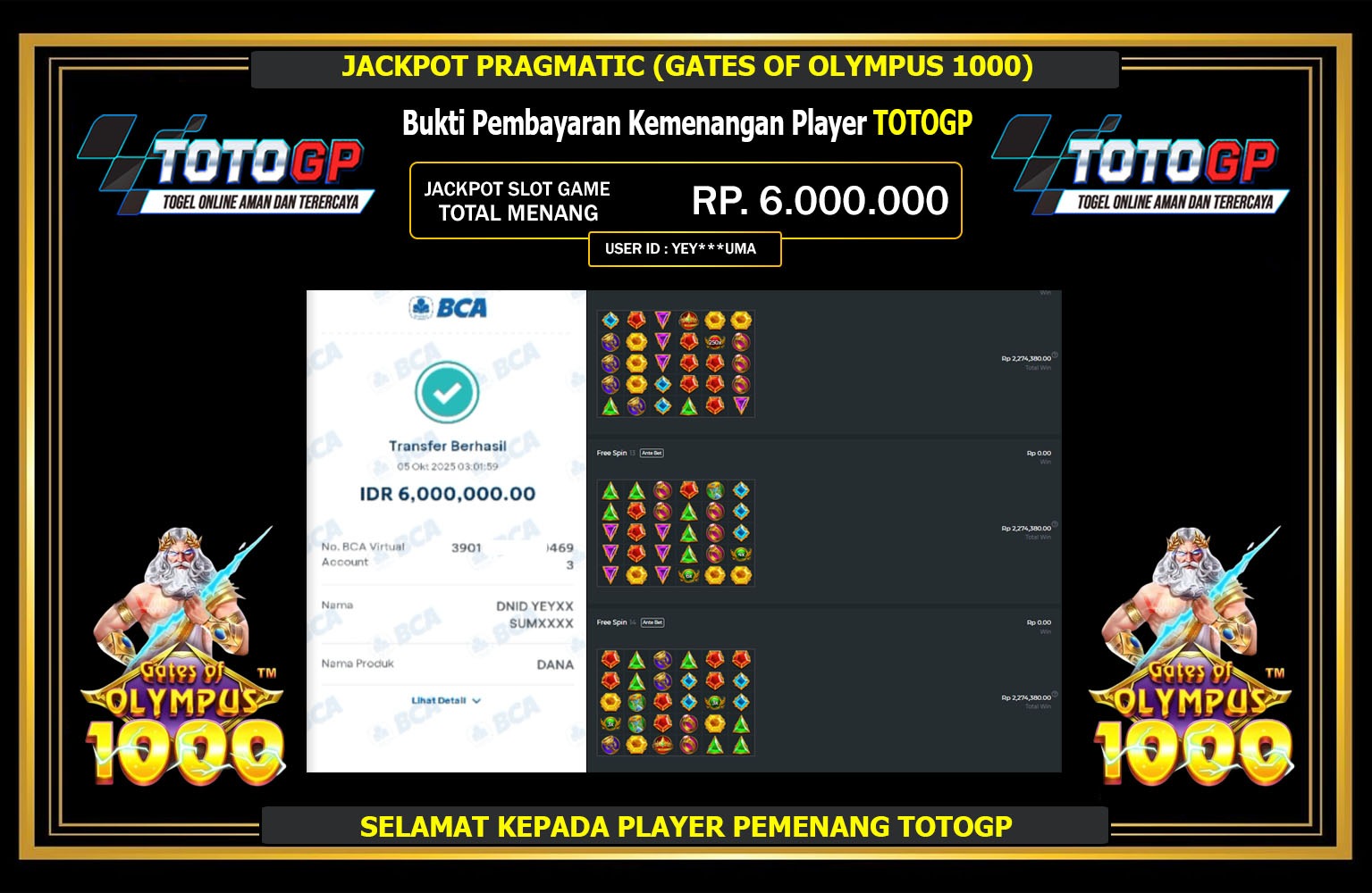 TOTOGP JACKPOT PRAGMATIC (GATES OF OLYMPUS 1000) Rp.6.000.000,- LUNAS