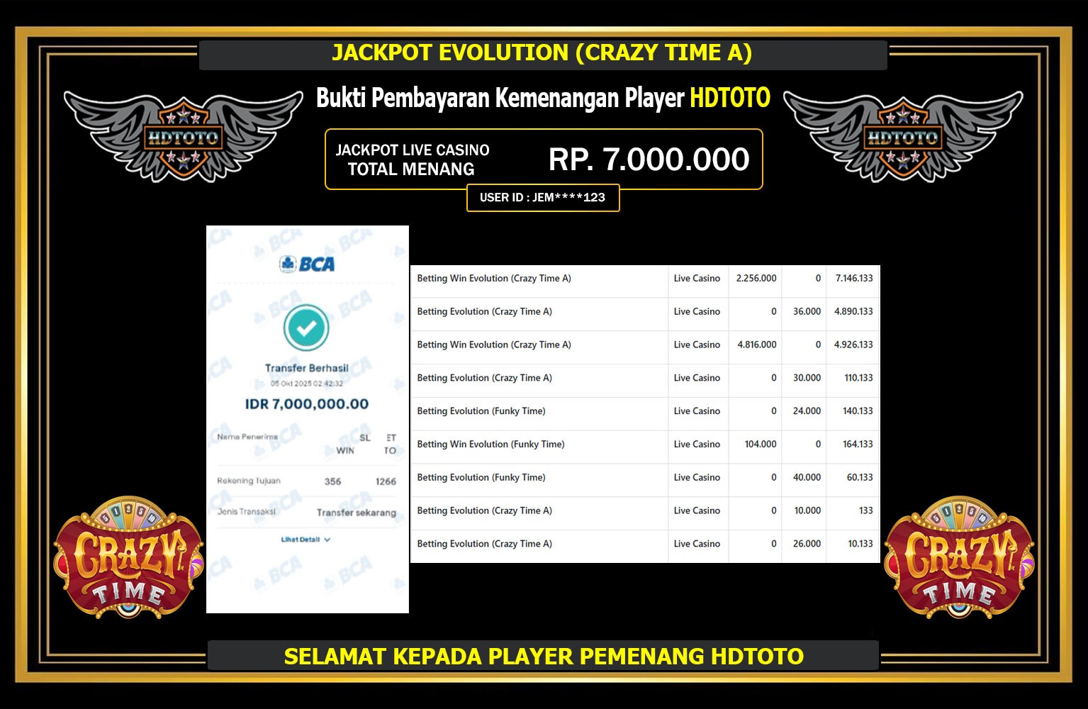 HDTOTO JACKPOT EVOLUTION (CRAZY TIME A) Rp.7.000.000,- LUNAS