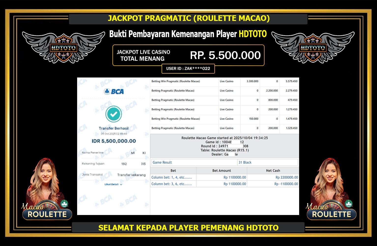 HDTOTO JACKPOT PRAGMATIC (ROULETTE MACAO) Rp.5.500.000,- LUNAS