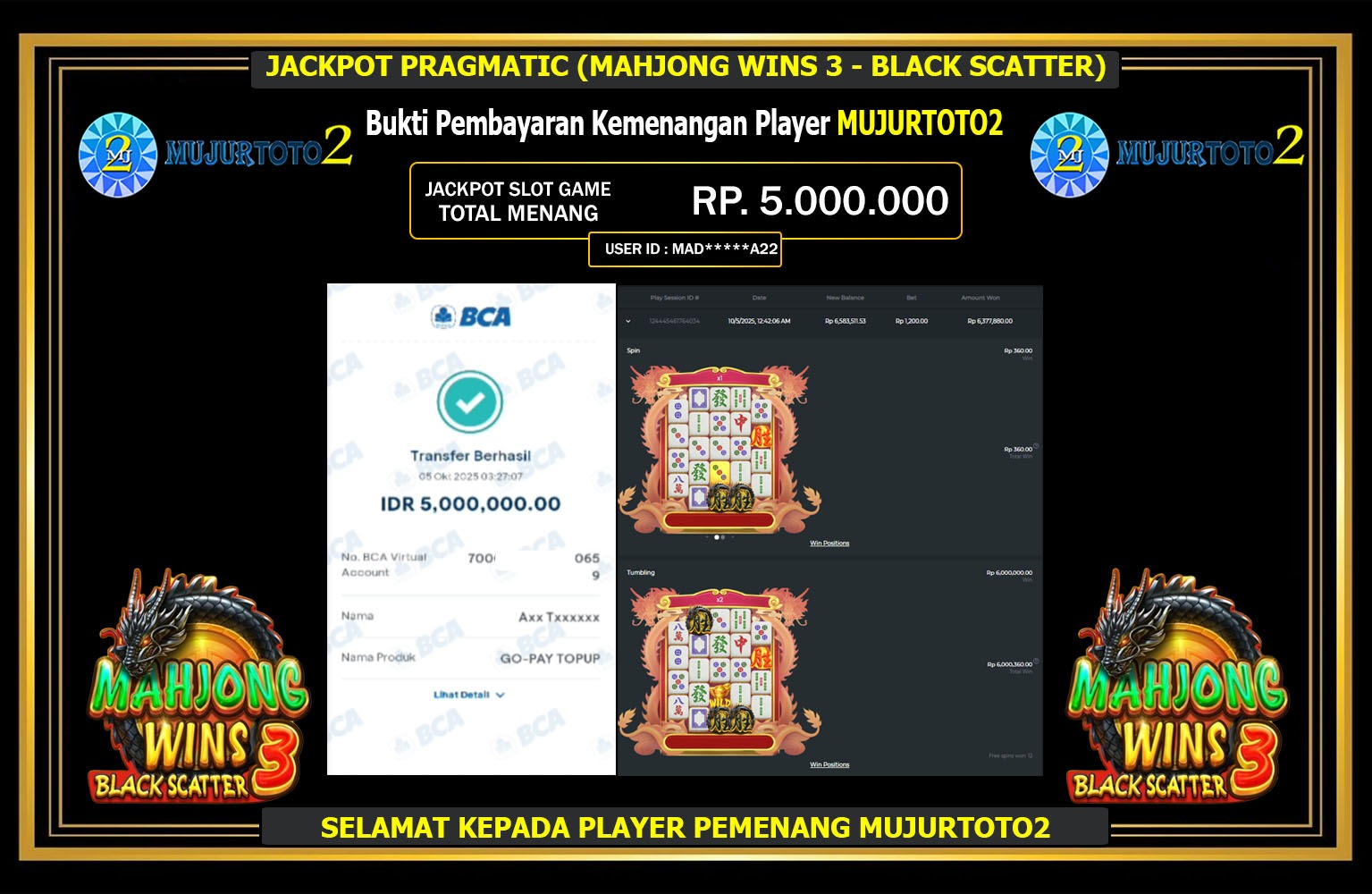 MUJURTOTO2 JACKPOT PRAGMATIC (MAHJONG WINS 3 - BLACK SCATTER) Rp.5.000.000,- LUNAS