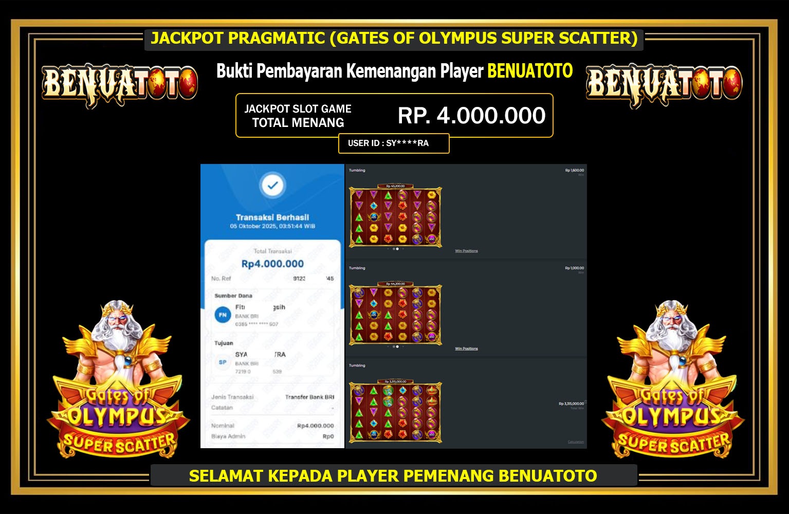 BENUATOTO JACKPOT PRAGMATIC (GATES OF OLYMPUS SUPER SCATTER) Rp.4.000.000,- LUNAS