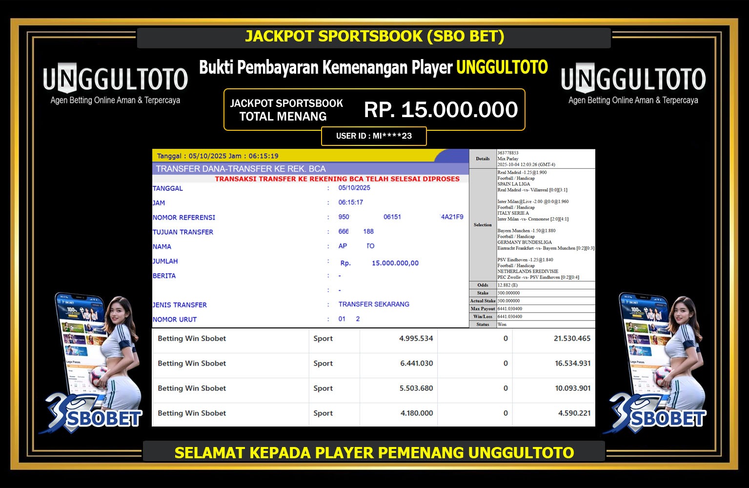 UNGGULTOTO JACKPOT SPORTSBOOK (SBO BET) Rp.15.000.000,- LUNAS