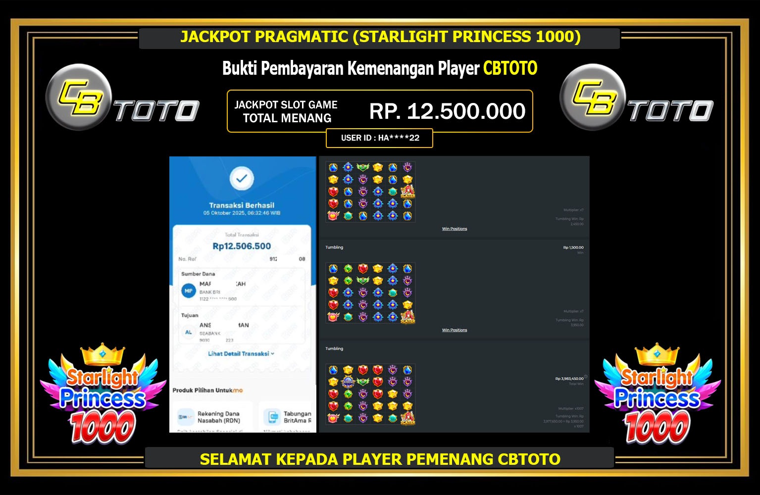 CBTOTO JACKPOT PRAGMATIC (STARLIGHT PRINCESS 1000) Rp.12.500.000,- LUNAS