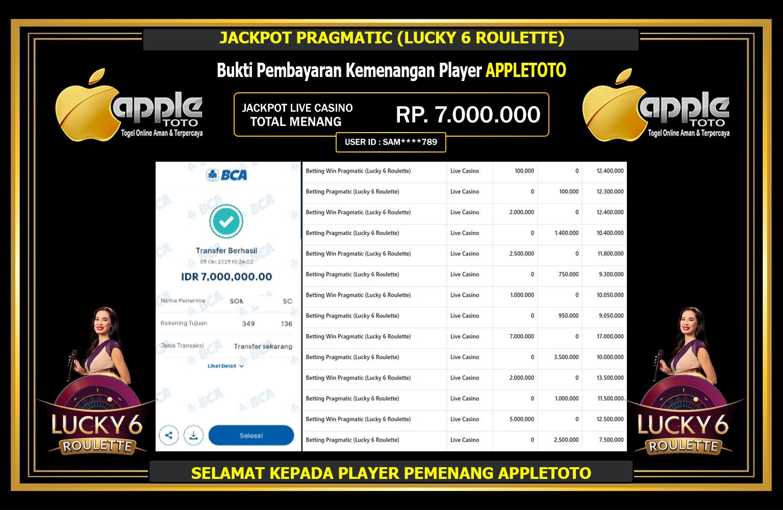 APPLETOTO JACKPOT PRAGMATIC (LUCKY 6 RULETTE) Rp.7.000.000,-LUNAS
