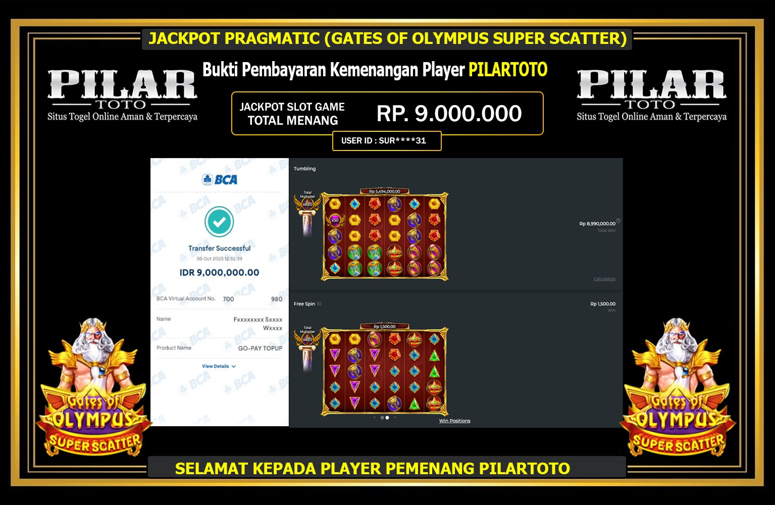 PILARTOTO JACKPOT PRAGMATIC (GATES OF OLYMPUS SUPER SCATTER) Rp.9.000.000,- LUNAS