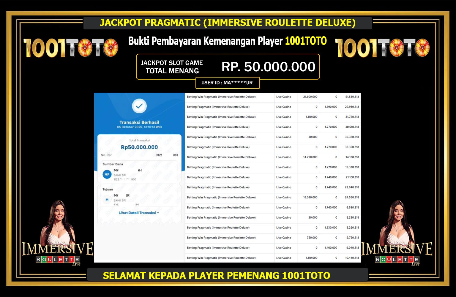 1001TOTO JACKPOT PRAGMATIC (IMMERSIVE ROULETTE DELUXE) Rp.50.000.000,- LUNAS