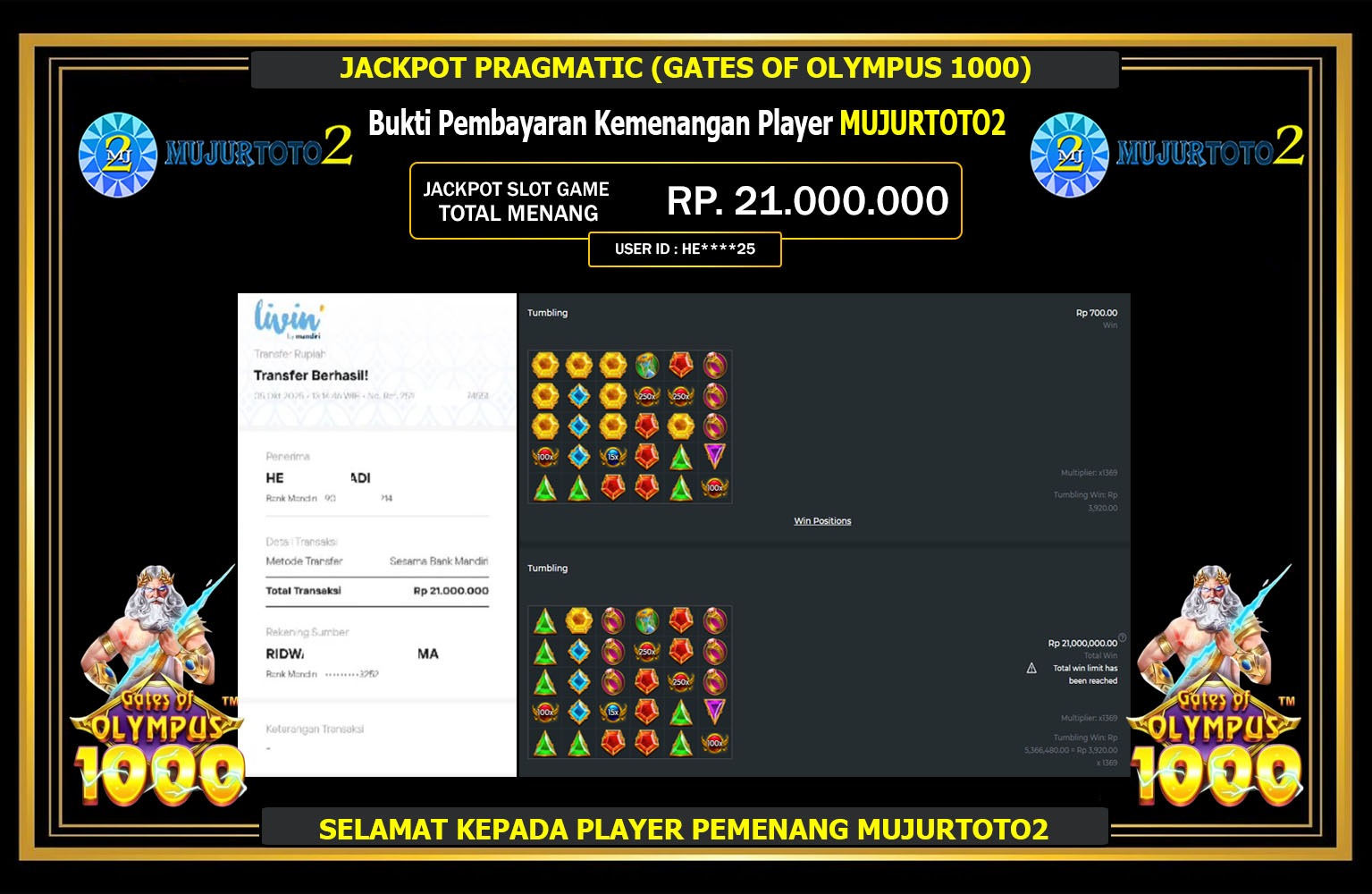 MUJURTOTO2 JACKPOT PRAGMATIC (GATES OF OLYMPUS 1000) Rp.21.000.000,- LUNAS