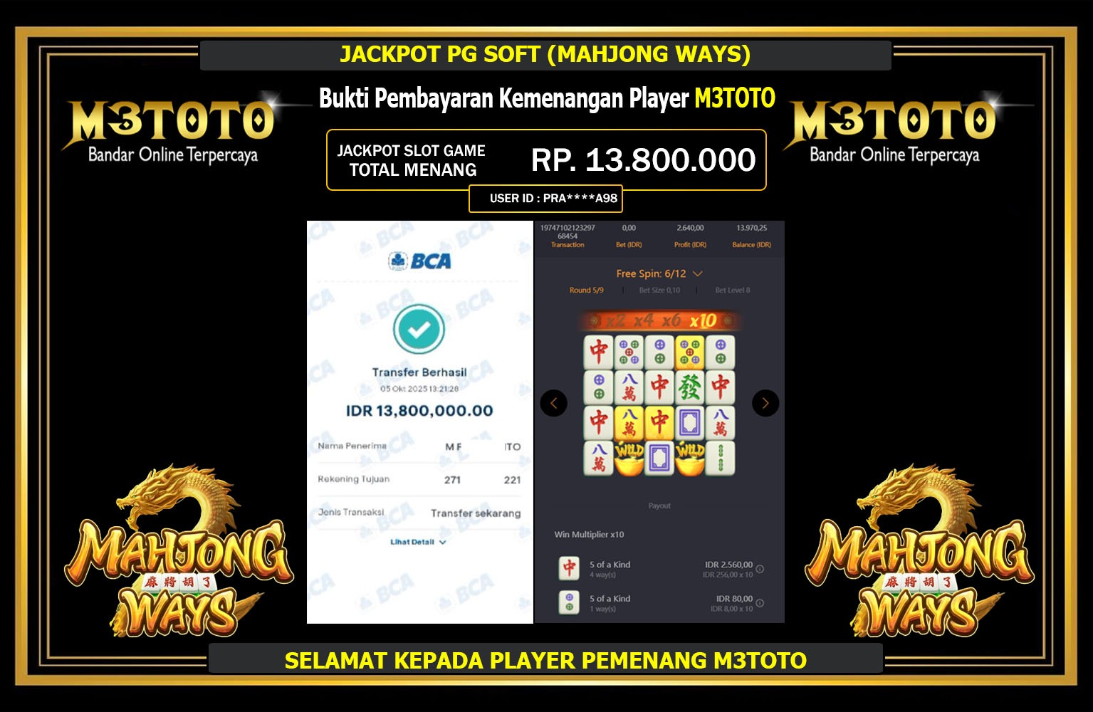 M3TOTO JACKPOT PG SOFT (MAHJONG WAYS) Rp.13.800.000,- LUNAS