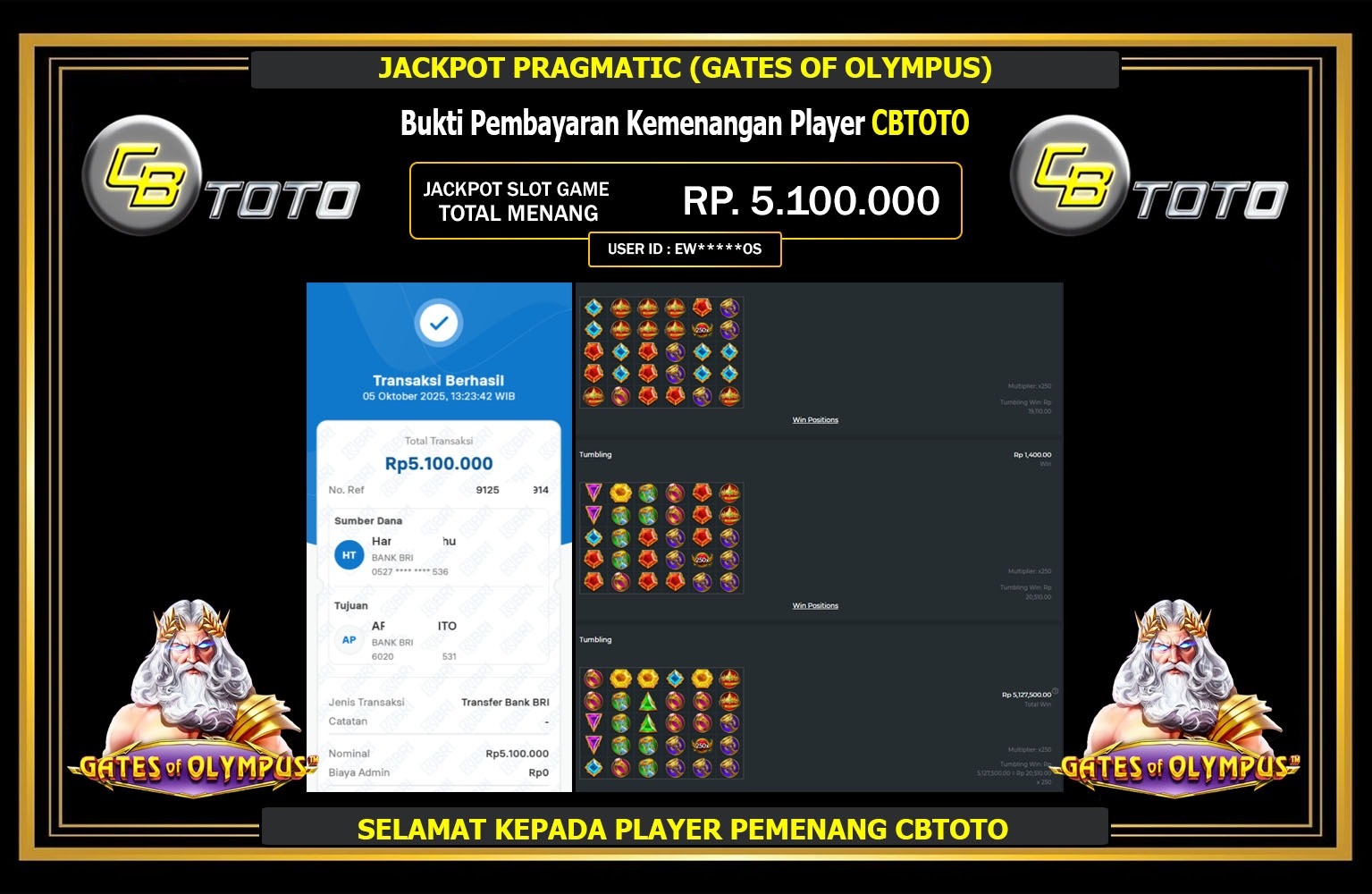CBTOTO JACKPOT PRAGMATIC (GATES OF OLYMPUS) Rp.5.100.000,- LUNAS