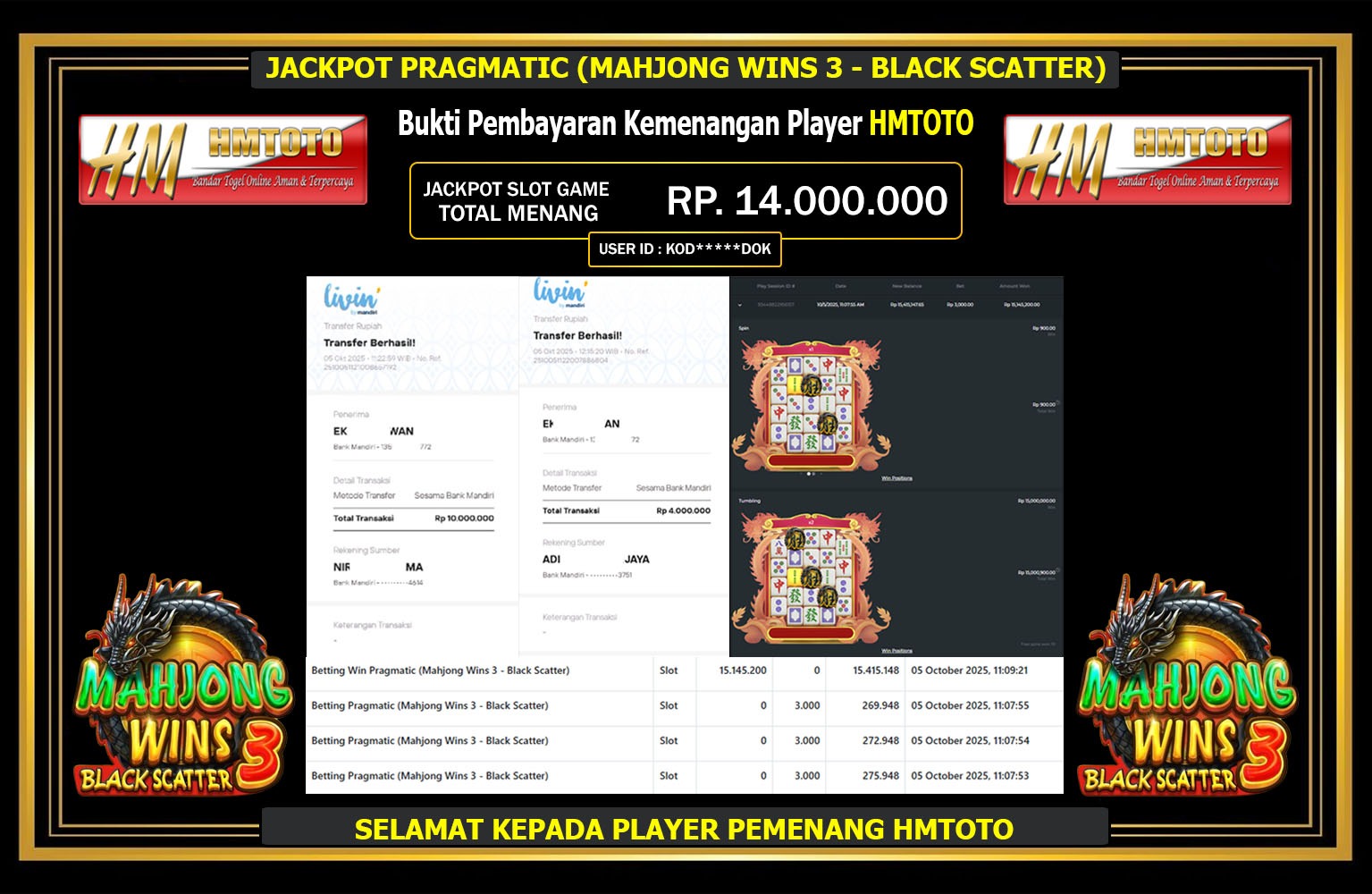 HMTOTO JACKPOT PRAGMATIC (MAHJONG WINS 3 - BLACK SCATTER) Rp.14.000.000,- LUNAS