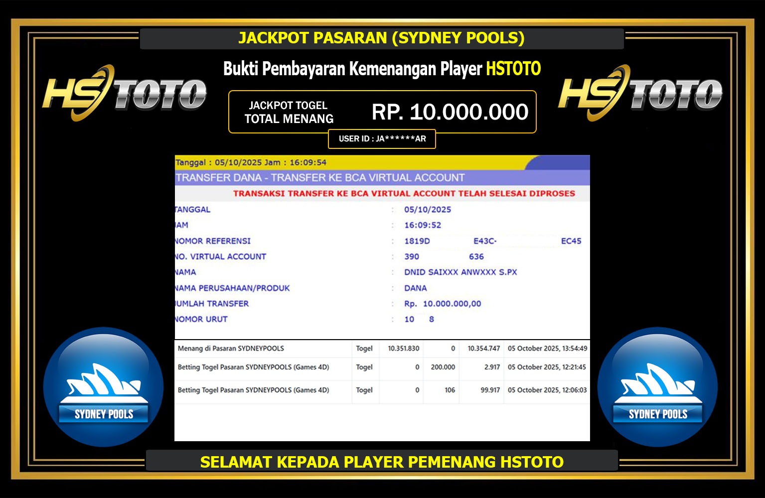 HSTOTO JACKPOT LINE TOGEL (SYDNEY POOLS) Rp.10.000.000,- LUNAS