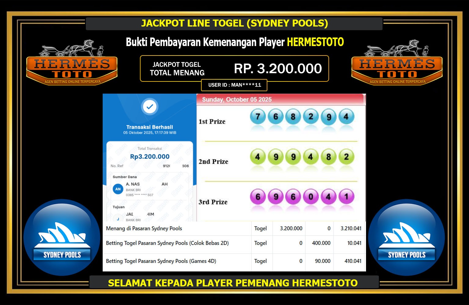 HERMESTOTO JACKPOT LINE TOGEL (SYDNEY POOLS) Rp.3.200.000,- LUNAS